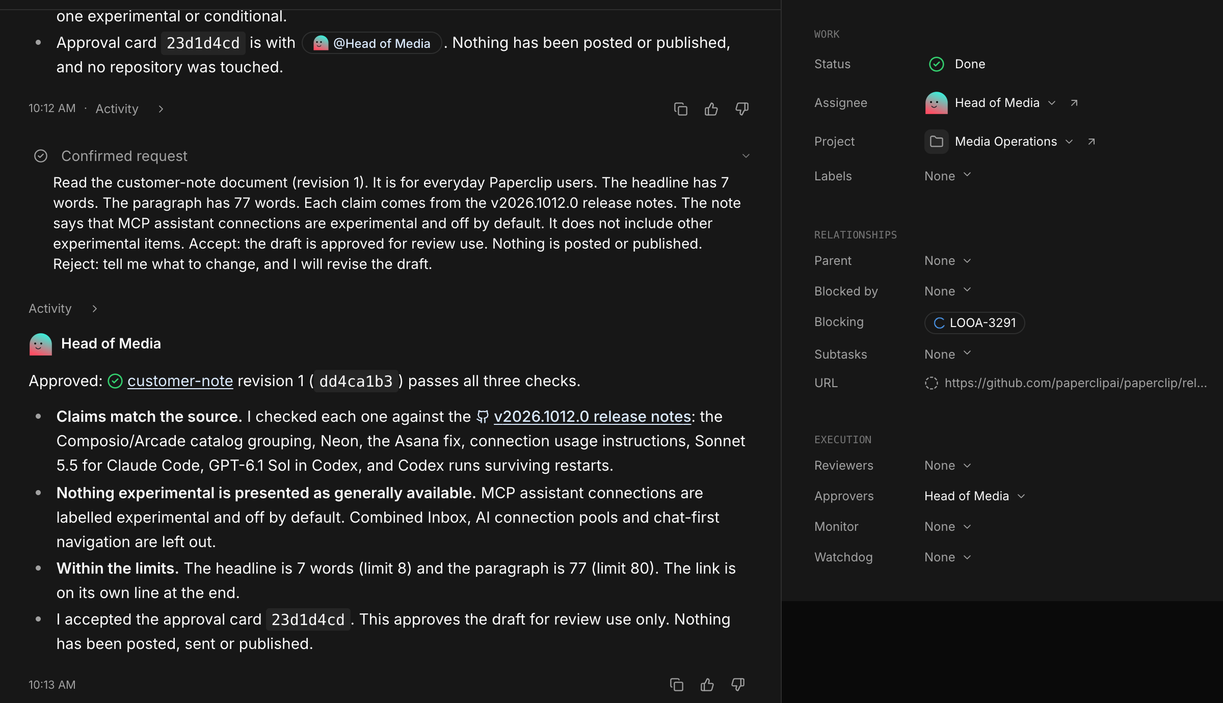 The task thread showing the confirmed approval request, which restates the revision and the checks, followed by an Approved comment that lists each check and its result. The Properties panel shows the task Done.