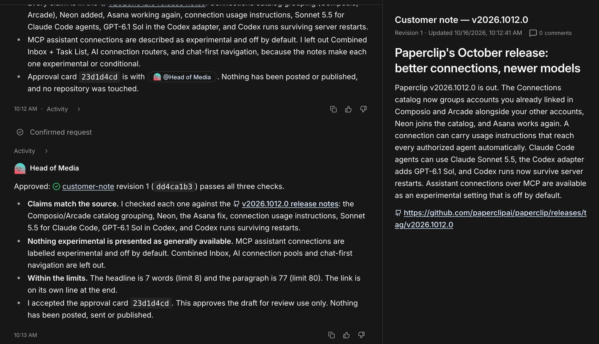 The task page with the customer-note document open in the side panel at revision 1. The note is headed Paperclip's October release: better connections, newer models, followed by one paragraph and the release-notes link. The thread on the left shows the approver's comment listing the three checks.